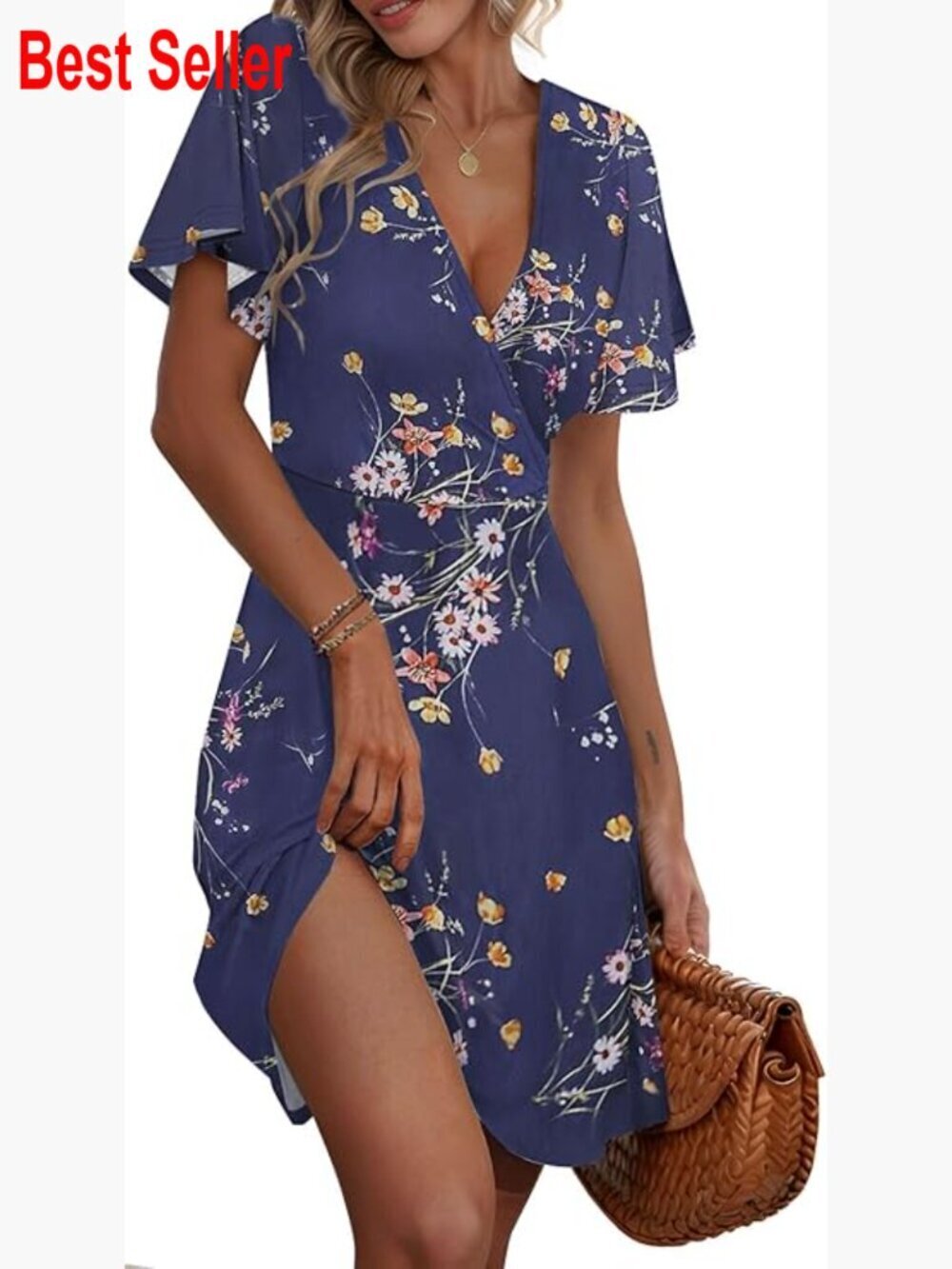 Summer Dress V-Neck Floral Printed Flowy Short Sleeve Casual